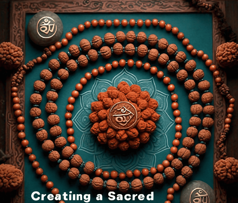 A beautifully arranged meditation space featuring Rudraksha malas, bracelets, and decorative items, emphasizing the importance of a dedicated environment for personal growth